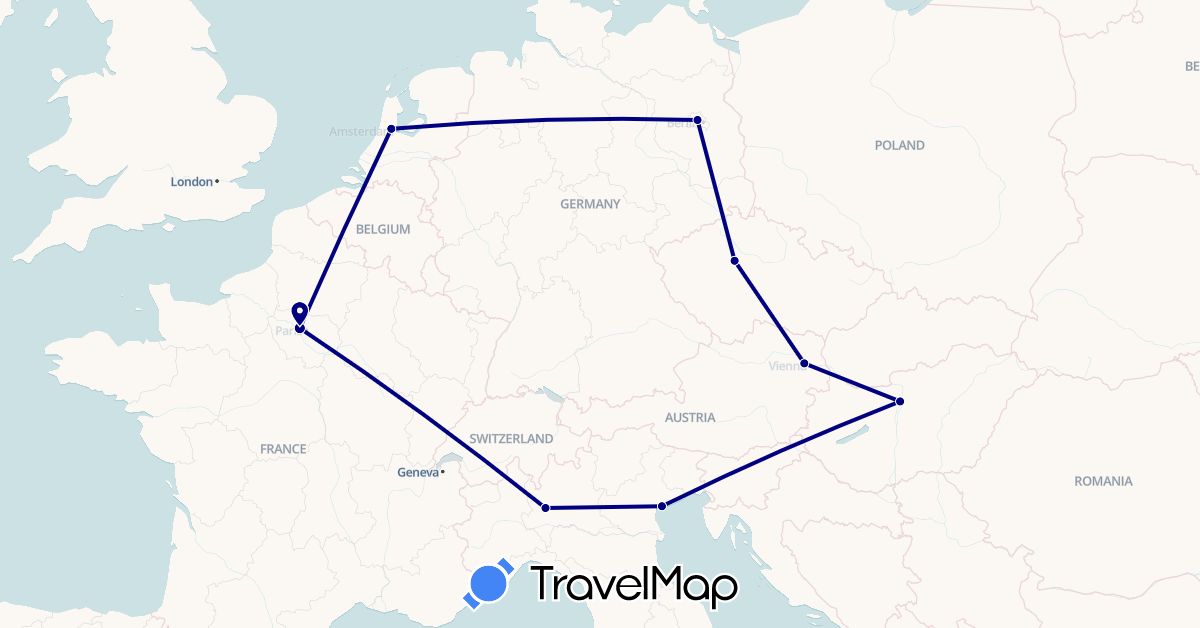 TravelMap itinerary: driving in Austria, Czech Republic, Germany, France, Hungary, Italy, Netherlands (Europe)